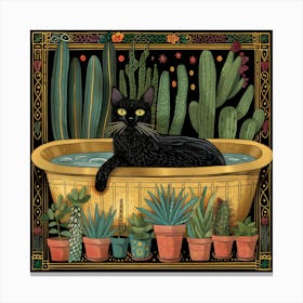 Gold Line Drawing of a Black Cat in a Bathtub, Houseplants, Botanical Canvas Print