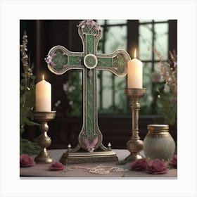 Cross With Candles And Flowers 1 Canvas Print