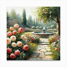 Rose Garden With The Fountain, Acrylic Style Painting 15 Canvas Print