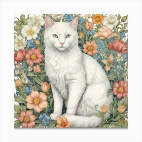 White Cat In Flowers william morris inspired art Canvas Print