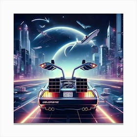 Back To The Future Delorean Flying Space, Synth Wave, Digital Art (2) Canvas Print