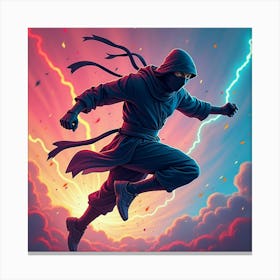 Ninja Warrior Leaping Through A Neon, Watercolor Storm 1 Canvas Print