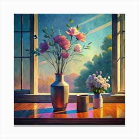 Flowers In A Vase On A Windowsill Canvas Print