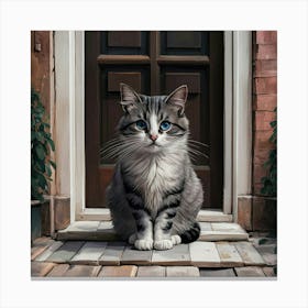 A Cat With Blue Eyes Sitting In Front Of The Door Canvas Print