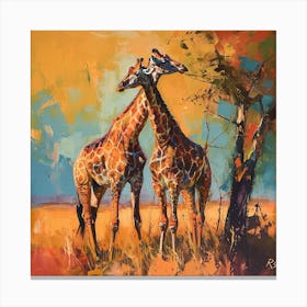 Giraffes Eating Tree Branches Brushstroke 4 Canvas Print