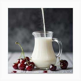 Milk Pouring Into Jug With Cherries Canvas Print