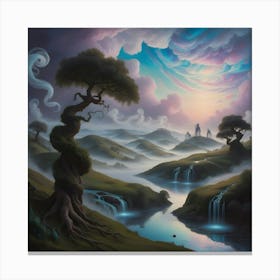 A Dreamlike Scenery Of Surreal Landscapes, Where Rolling Hills And Twisted Trees Stretch Towards A Sky With Swirling Clouds Of Iridescent Blues And Purples, Like A Dalíesque Painting Come To Life 3 Canvas Print