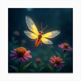 A Glowing Firefly With Wings Of Shifting, Colorful Light Hovering In A Magical Night Garden Canvas Print