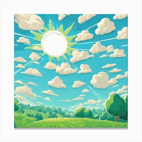 Cartoon Landscape With Sun And Clouds Canvas Print