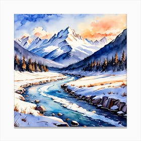 A Serene Watercolor Of A Snowy Mountain Range And A Flowing River 154038090 (2) Canvas Print