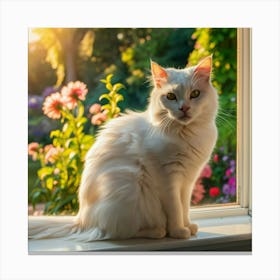 White Cat Sitting On Window Sill Canvas Print