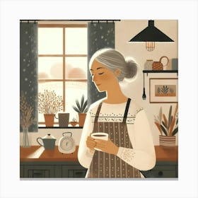 Old Lady In The Kitchen with a Cup of Coffee and Apron Canvas Print