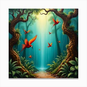 Tropical Forest With Parrots Canvas Print