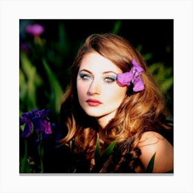 Beautiful Young Woman With Purple Flower Photo Canvas Print