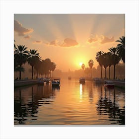 The Nile River At Sunrise With Colorful Boats And Reflections Of Palm Trees Canvas Print