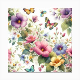 A beautiful watercolor painting of a garden in full bloom with colorful flowers and butterflies, featuring pink, purple, violet, and yellow flowers of various shapes and sizes, with green leaves and stems, set against a soft white background. Canvas Print