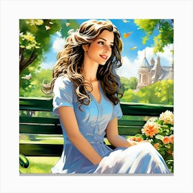 Girl Sitting On Park Bench Canvas Print