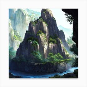 Digital painting of a mountain landscape with a river in the foreground and mountains in the background. Canvas Print