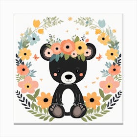 Floral Baby Black Bear Nursery Illustration (4) Canvas Print