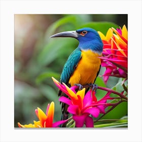 Beautiful Bird on Colorful Flower Canvas Print