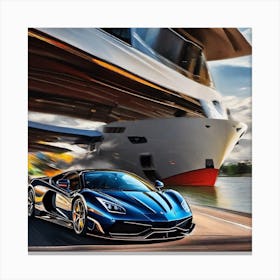 Blue Sports Car Driving Past A Ship Canvas Print