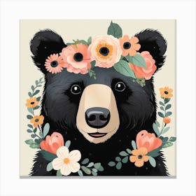 Floral Baby Black Bear Nursery Illustration (19) Canvas Print
