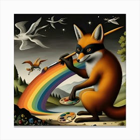 A Stealthy Fox With A Paintbrush That Shoots Rainbows, Inspired By The Fantastical Paintings Of Hieronymus Bosch Canvas Print