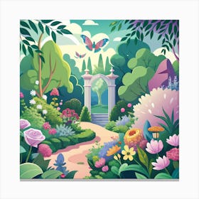 A Lush Garden Scene With Blooming Flowers Butterf Canvas Print