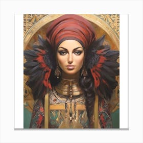 The image depicts a woman with long, dark hair and a red headdress, wearing a gold necklace and earrings. She is standing in front of a gold background with intricate patterns and designs. Canvas Print