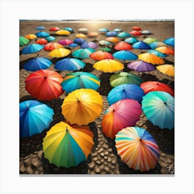 Sunshine Over Colorful Umbrellas On The Beach Sand Canvas Print