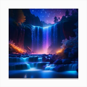 Waterfall At Night With A Light Glowing On The Water Canvas Print