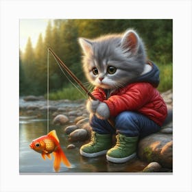 Little Kitten Fishing 1 Canvas Print