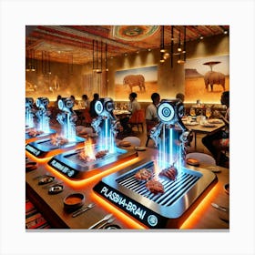 A Futuristic Dining Setup Featuring An Interactive Canvas Print