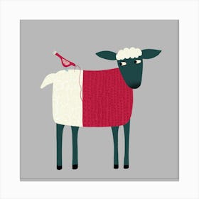 Sheep With Bird and Half a Knitted Jumper Canvas Print
