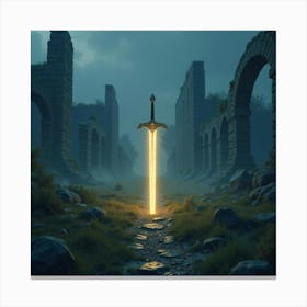 A Glowing Sword Lying In A Field Of Ancient, Magical Ruins 1 Canvas Print