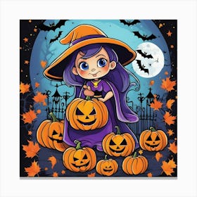 Halloween Girl With Pumpkins 3 Canvas Print