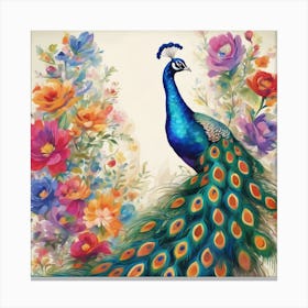 Peacock With Flowers Canvas Print