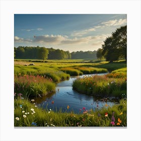 A Vibrant Spring Meadow With Blooming Flowers, Butterflies, And A Clear Stream 1 Canvas Print