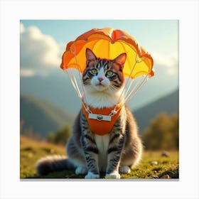 Flux Dev A Serene Cat Wearing A Vibrant Orange Parachute With 2 Leinwandbild