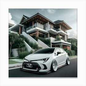 A White Toyota Corolla Gli Twin Cam With Full Body Kit In Front Of Modern Mansion 7 Toile