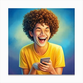 A Young Man With Curly Hair Laughs While Looking At His Smartphone Canvas Print