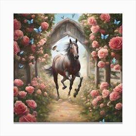 Horse In The Rose Garden Canvas Print