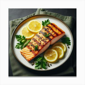 A delectable grilled salmon fillet, seasoned to perfection with a medley of aromatic herbs and spices, nestled atop a bed of fresh parsley, accompanied by vibrant lemon wedges, artfully arranged on an elegant ceramic plate, ready to tantalize the taste buds and satisfy the cravings of the most discerning seafood connoisseur. Canvas Print