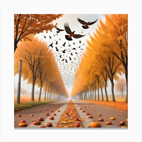 Autumn Road With Birds Canvas Print