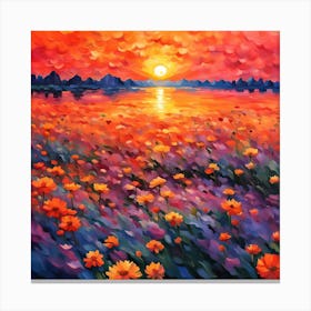 Beautiful Sunset and Field of Colorful Flowers Canvas Print