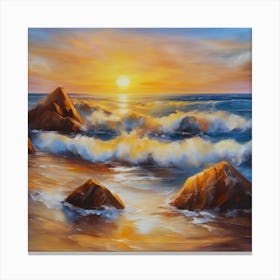 The sea. Beach waves. Beach sand and rocks. Sunset over the sea. Oil on canvas artwork.19 Canvas Print