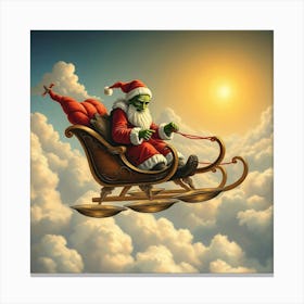 Green Santa Claus Fly In Futuristic Sleigh Canvas Print