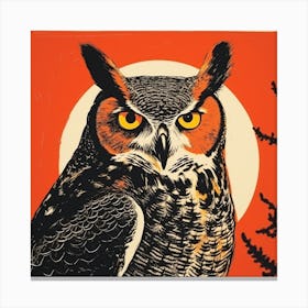 Retro Bird Lithograph Great Horned Owl 3 Canvas Print