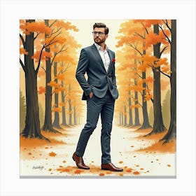 Stylish Man In Watercolor Suit, Scenic Autumn Forest 1 Canvas Print