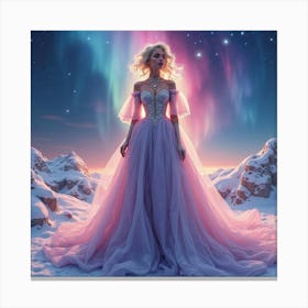 Lady Gaga In Watercolor Amidst A Backdrop Of Shimmering, Swirling Auroras 1 Canvas Print